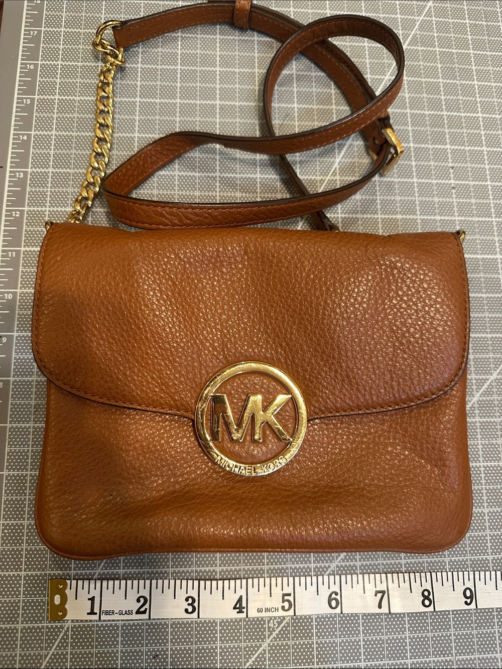 Michael Kors Chestnut Pebbled Leather Crossbody with Gold MK Emblem